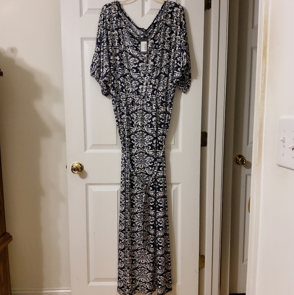 NWT! Koh Koh Navy Blue/White Batwing Sleeve Shift Maxi Dress Boat Neck Size 2XL